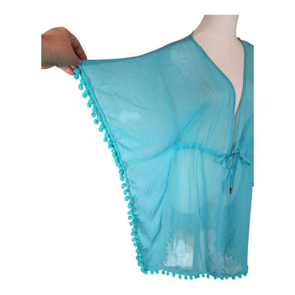 Bleu Rod Beattie Turquoise Pom Pom Trim Sheer Beach Cover Up Size S - Picture 7 of 9